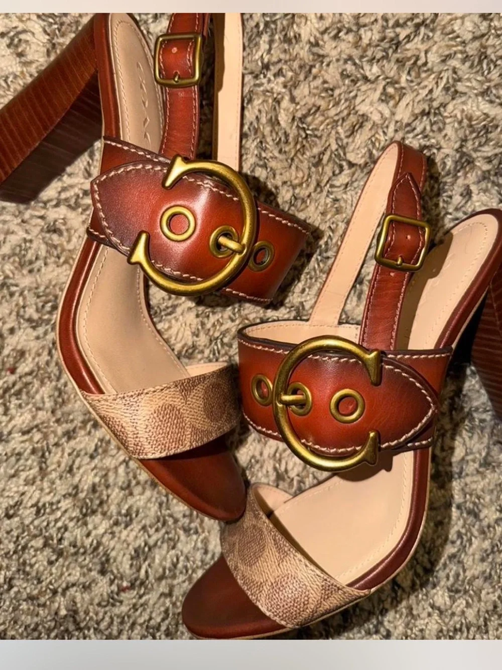 Coach Brown Leather & Signature Canvas Block Heel Sandals